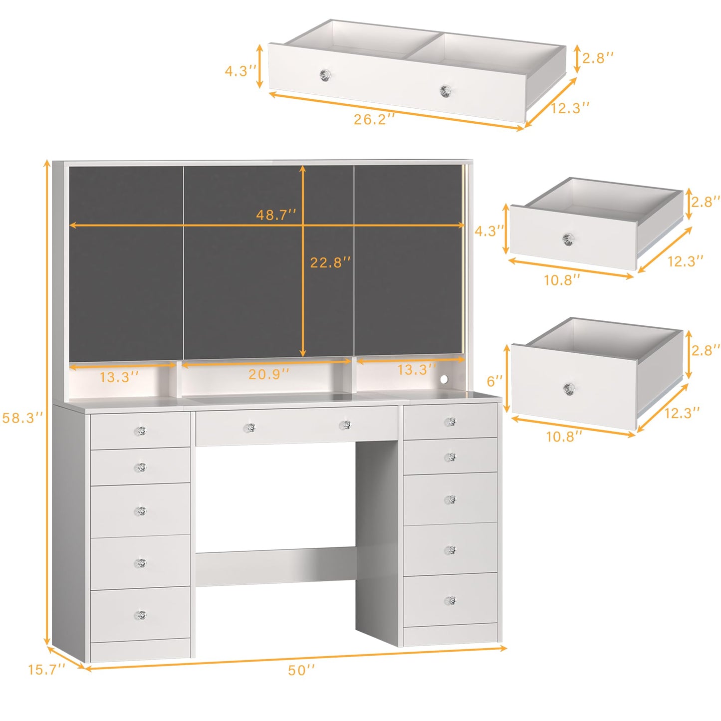 HUAHUU 50'' Glass Top Makeup Vanity with 11 Drawers, White Vanity Desk with Large LED Mirror & Lights, Built-in Charging Station & 3 Light Modes, Brightness Adjustable, 8 Hidden Shelves, White