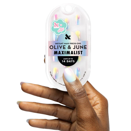 Olive & June Maximalist Instant Mani Press-On Nails (Glue) | 42 Fake Nails, 21 Sizes | Non-Toxic, Long-Lasting Big, Bold Gorgeous Realistic Look | Salon-Quality | Short, Round | Rainbow Aura Chrome