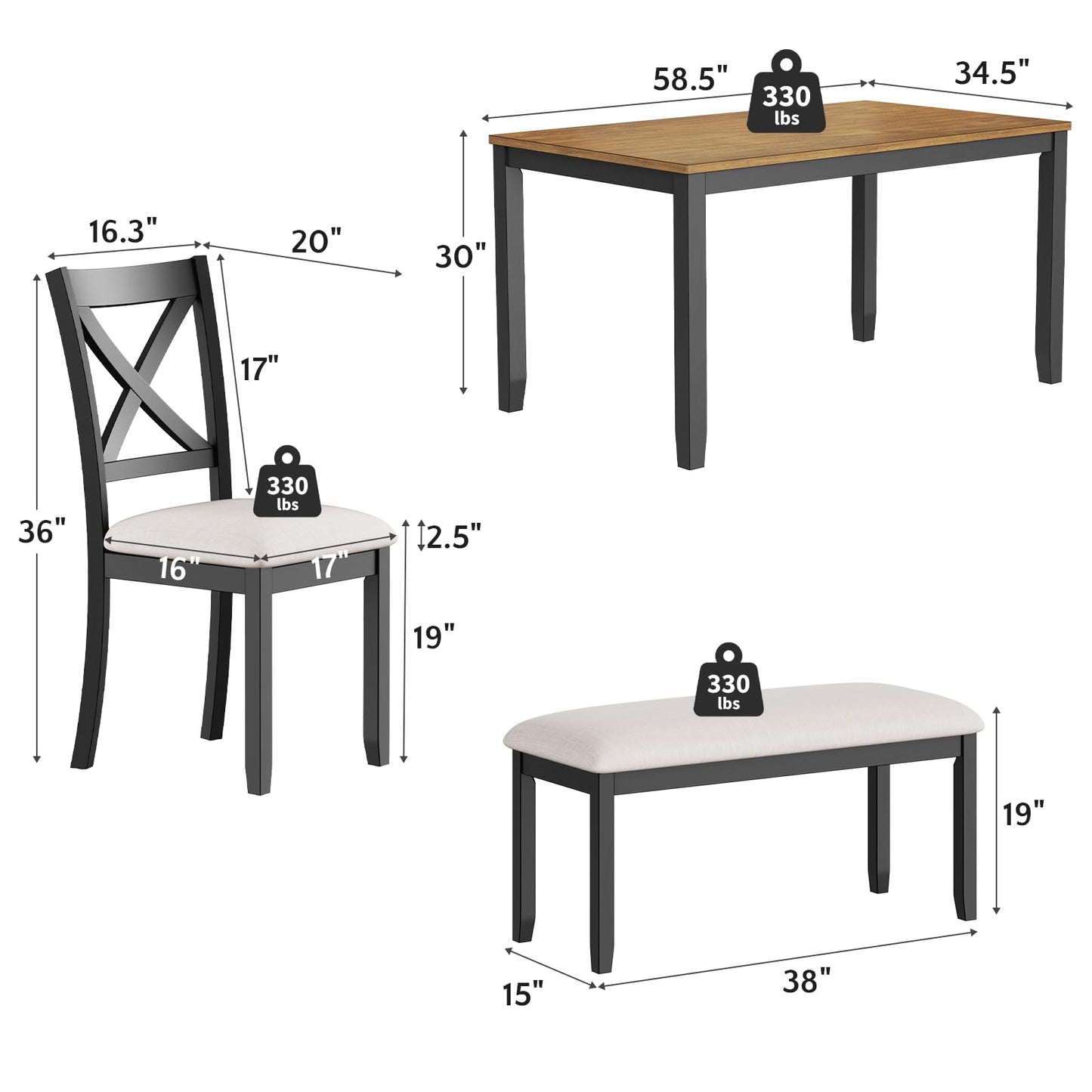 Zevemomo 6-Piece Solid Wood Dining Table Set, Including 1 Dining Table, 4 Upholstered Chairs and 1 Bench, Farmhouse Wooden Legs Dining Table Set for Living Room, Kitchen, Black