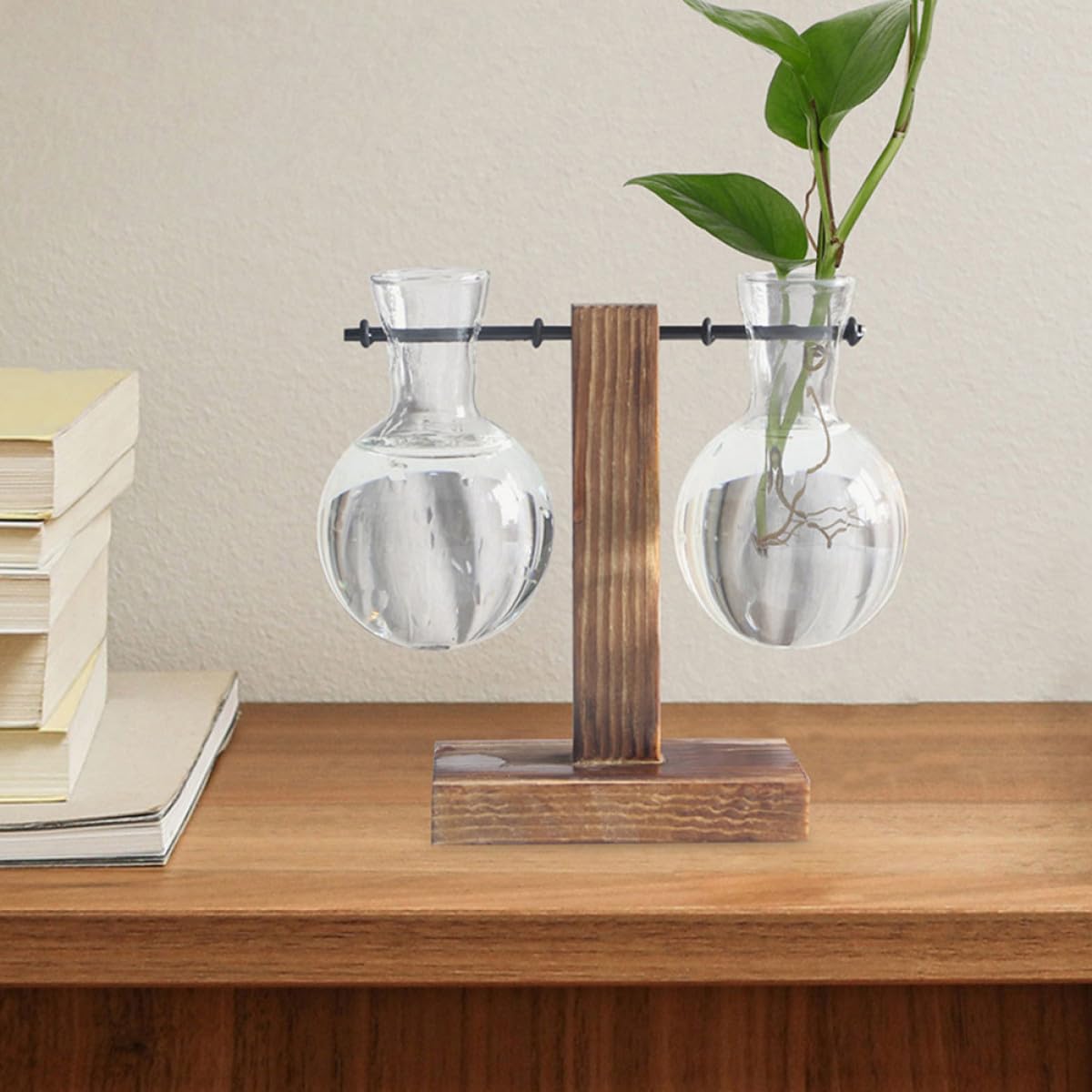 JEWEDECO Glass Flower Vase with Wooden Stand 3pcs High Borosilicate Glass Propagation Station Desktop Planter for Hydroponic Plants and Terrarium Home Décor