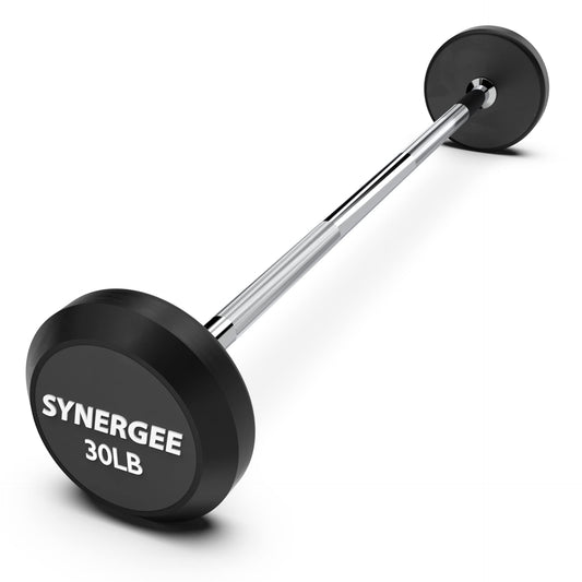 Synergee Fixed 30LB Barbell - Pre Weighted Straight Steel Bar with Rubber Weights - Fixed Weight