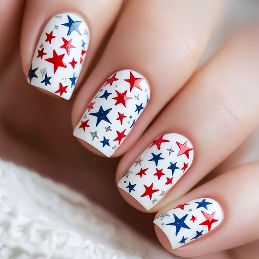 White Independence Day Press on Nails Medium Length Artificial Fingernails Colorful Stars Fake Nails Glossy 4th of July Glue on Nail Square Shaped Stick on Acrylic Nail for Women Holiday Manicure