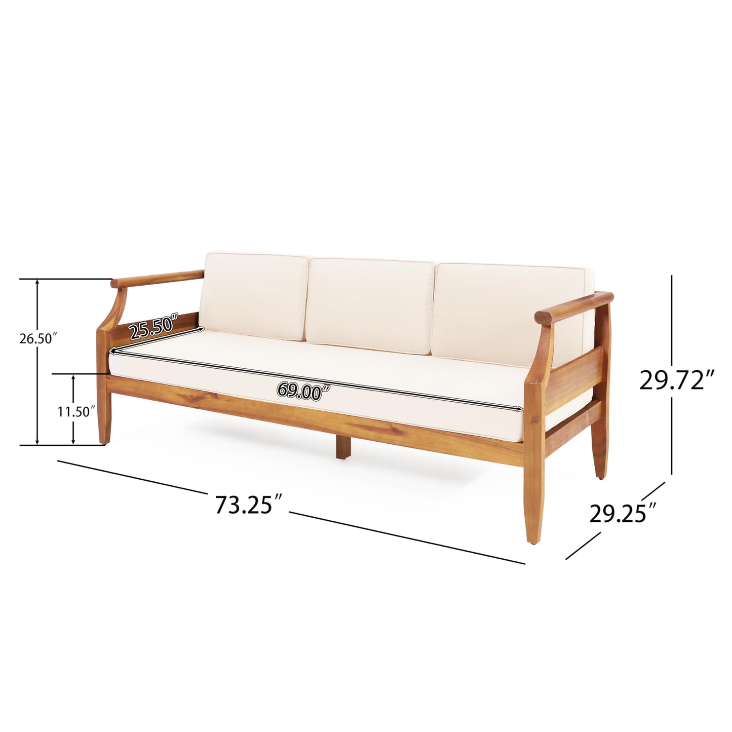 Christopher Knight Home Aston Outdoor 3 Seater Sofa, Upholstered Cushion Couch, Acacia Wood Bench Sofa, Slat Armchair, 73.25" W Spacious Seating Bench Couch for Gardern Porch Balcony, Teak+Beige