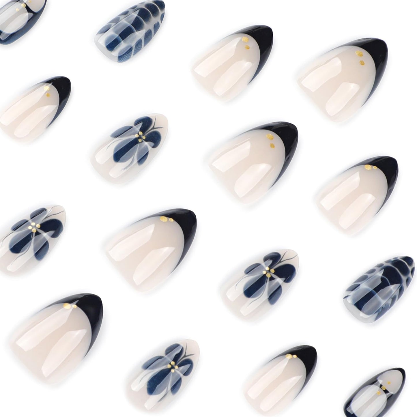 SINHOT Almond Press on Nails - Short Fake Nails, Glossy Finish, Goth Blue Flower & Crocodile Print, DIY Artificial False Nail Art - 24 Pcs Nail Kit with Glue