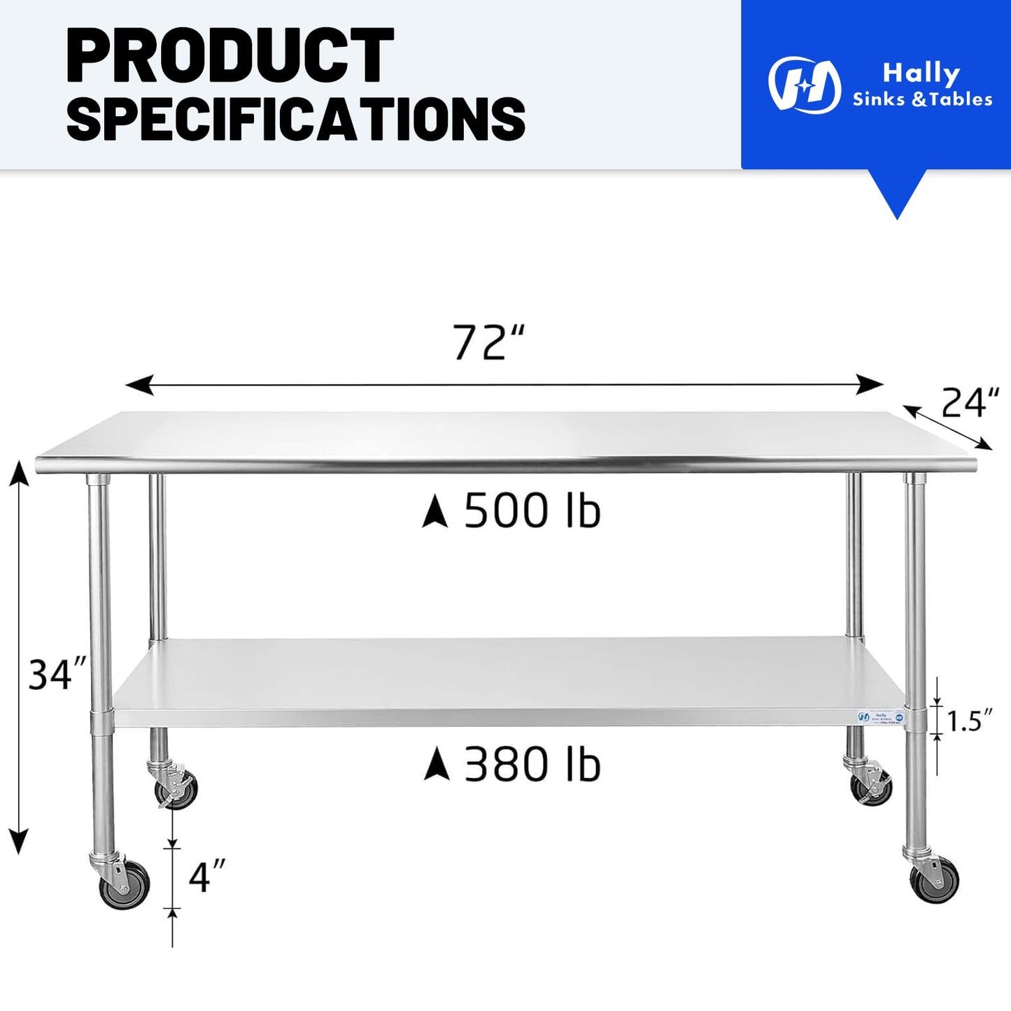 Hally Stainless Steel Table for Prep & Work 24 x 72 Inches with Caster Wheels, NSF Commercial Heavy Duty Table with Undershelf and Galvanized Legs for Restaurant, Home and Hotel