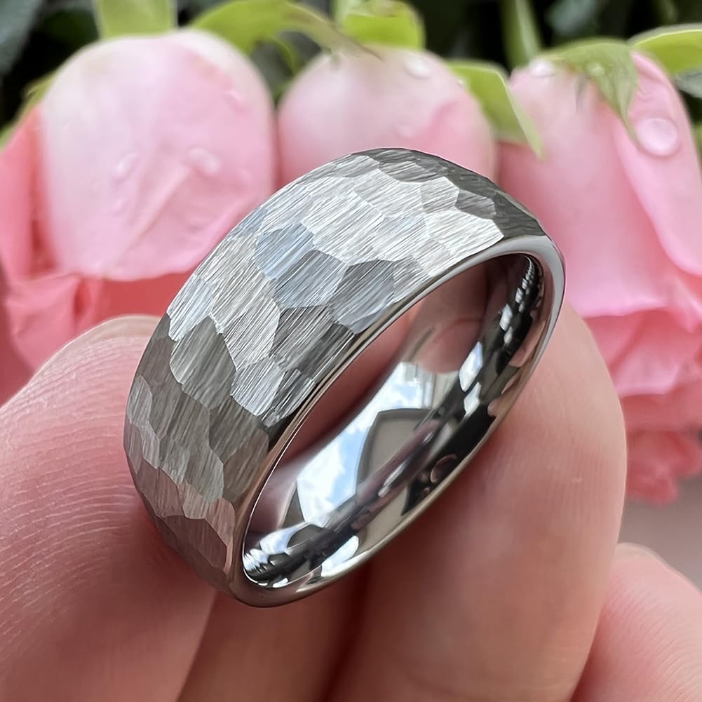 TUTISS 8mm Hammered Tungsten Carbide Rings for Men Women Engagement Wedding Bands Domed I Love You Engraved Comfort Fit Size 9.5