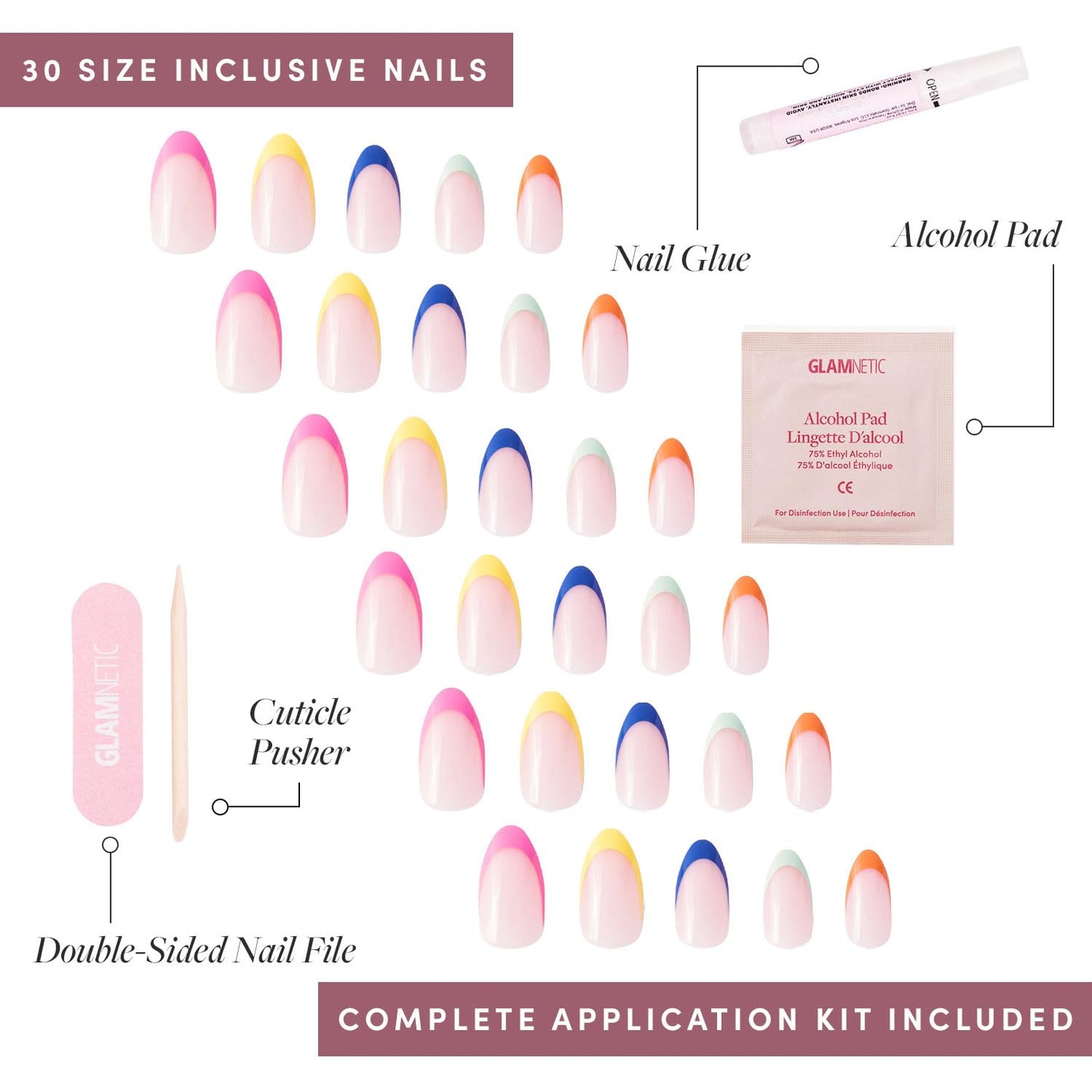 Glamnetic Press-On Nails Bundle - Polar Night, Goal Digger & Berry Fizz | Almond Fake Nails with Ombré Silver Tips | Natural Round False Nails with Gold Foil | Short Oval Magenta Nails wit
