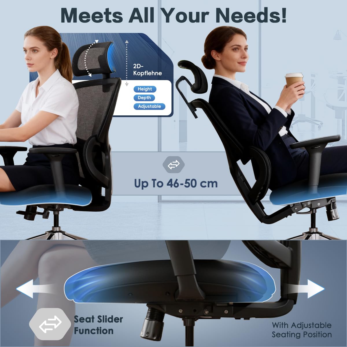 Ergonomic Office Chair Heavy Duty 1600lbs, High Back Desk Chair with 4D Armrests, Dual Back Support, Big & Tall Computer Chair, Sliding Seat, Adjustable Headrest & Lumbar, 135° Reclining (Black)