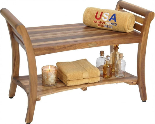 EcoDecors Symmetry 30 Inch Natural Color Waterproof Teak Wood Shower Bench Stool Seat Chair for Inside Shower Provides Safety, Storage, and Organization for Bathroom Accessories