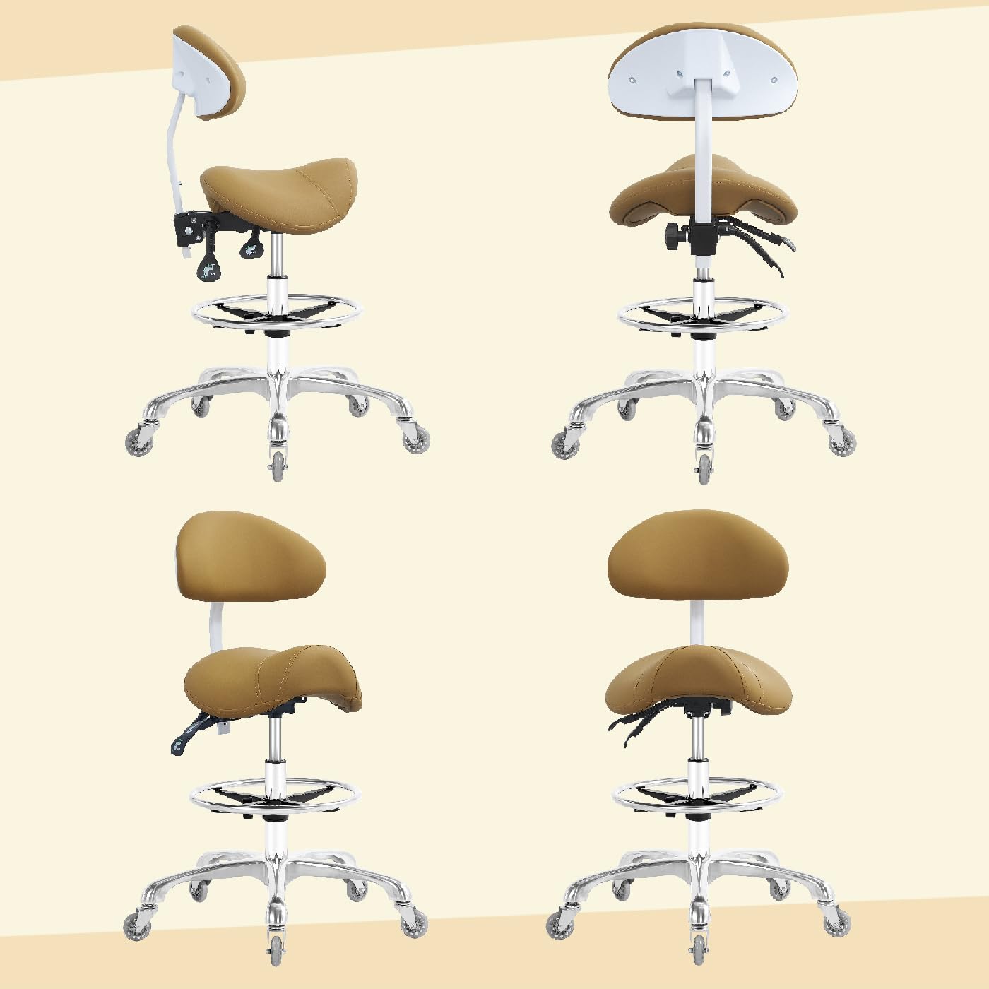 Nazalus Saddle Stool Chair with Back Support Footrest, Heavy-Duty(350LBS), Hydraulic Rolling Swivel Adjustable Stool Chair for Salon Spa Beauty Massage Dental Clinic Home Office Use(Camel)