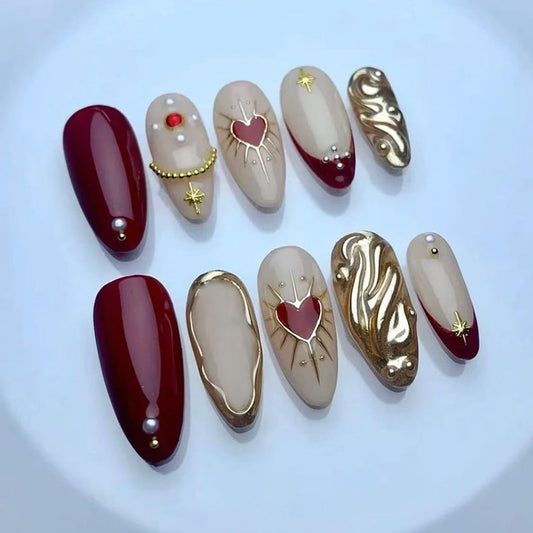 24Pcs Purple Press on Nails Medium Almond Fake Nails 3D Ripple Star Heart Pearl Design Removable Oval Press on Y2K Gold French False Nails Full Cover Glue on Nails Glossy Artificial Nails for Women