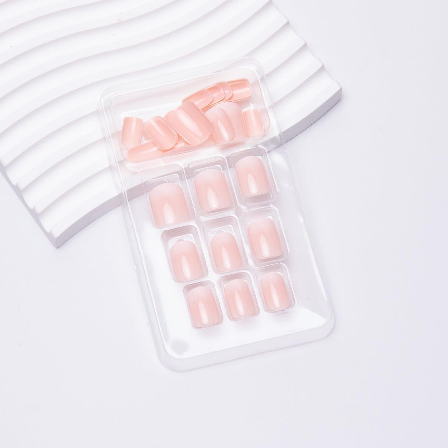24Pcs Nude Press on Nails Short Square Acrylic Fake Ombre Glossy Gradation False Nature Stick on Full Cover Glue on for Women Girls Decoration