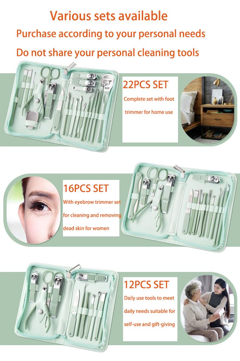 Nail Clippers Set Fingernail and Toenail Clipper Cutters, Manicure Pedicure Kit -22 Pieces Stainless Steel Professional Grooming Kits, Nail Care Tools with Green Zipper case (RHYTHM-0026A22)