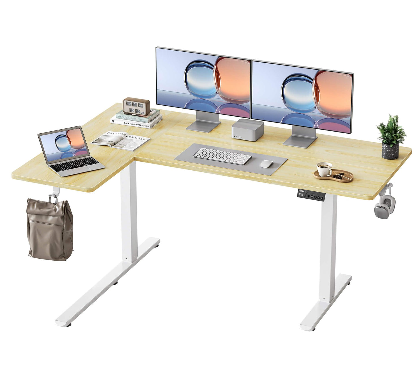 YIHAYO Reversiable L-Shaped Electric Standing Desk, 59 Inches Stand Up Corner Desk, Sit and Stand Up for Work Office Home, Ergonomic Rising Computer Table with Splice Board, Natural
