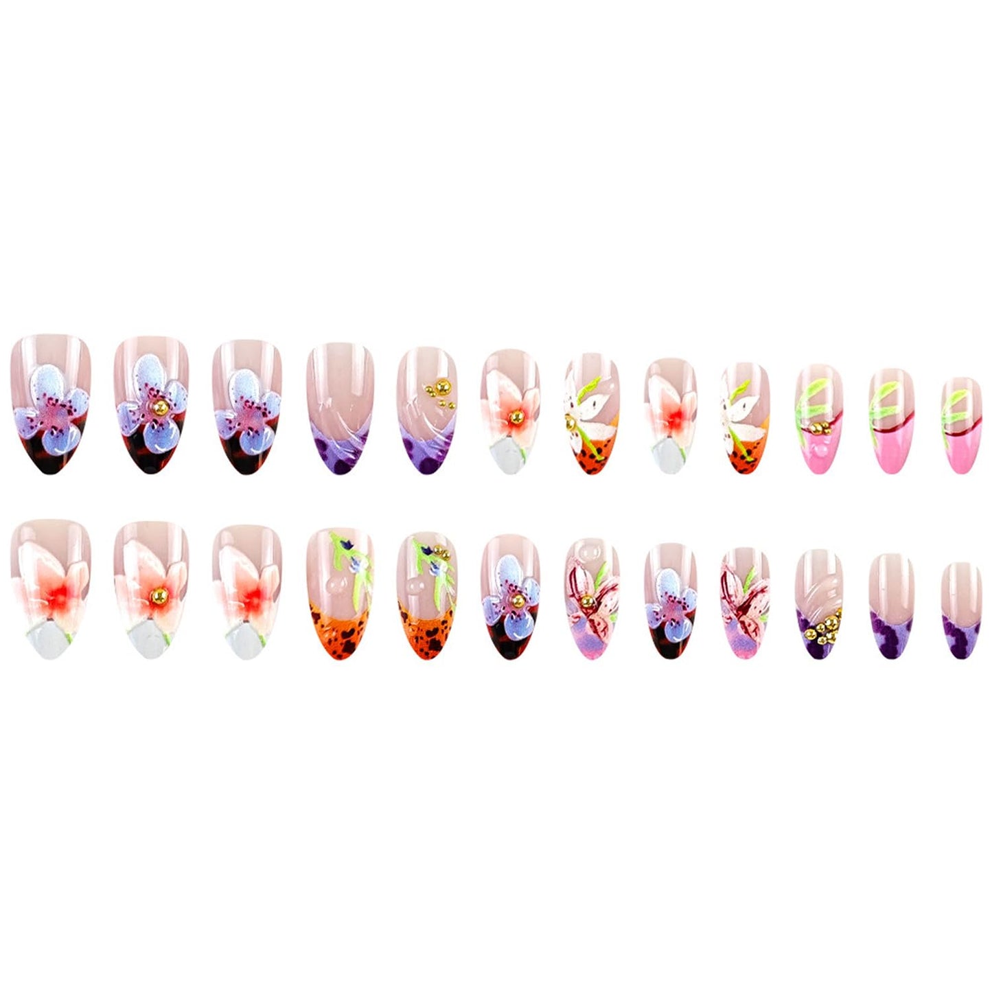 24Pcs Flower Press on Nails Medium Almond French Tip Fake Nails 3D Embossed Diamond Floral Nail Art with Romantic Almond Shape Handmade Stick on Nails French Nails for Women Manicure