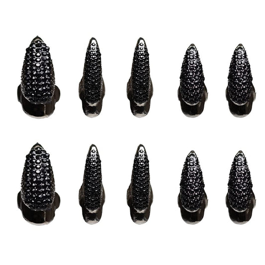 10PCS Halloween Costume Claws,Fake Nails Ring Set, Gothic Punk Crystal Full Finger Rings Paved Paw Bend Fingertip Fingernail Claw Girls Women Men Ring False Easy Long Nails Black(3 Sizes)