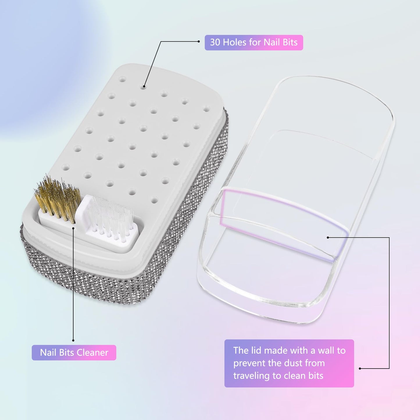 13PCS Nail Drill Bits Set & 30 Holes Nail Bits Holder Case with Cleaning Brush for Home Salon
