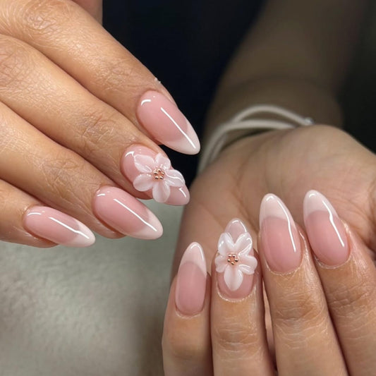 CTTHNBD Medium Press on Nails Almond - French Tip Fake Nails with 3D Flower Design - Glossy Stick on False Nails - for Women 24 Pcs