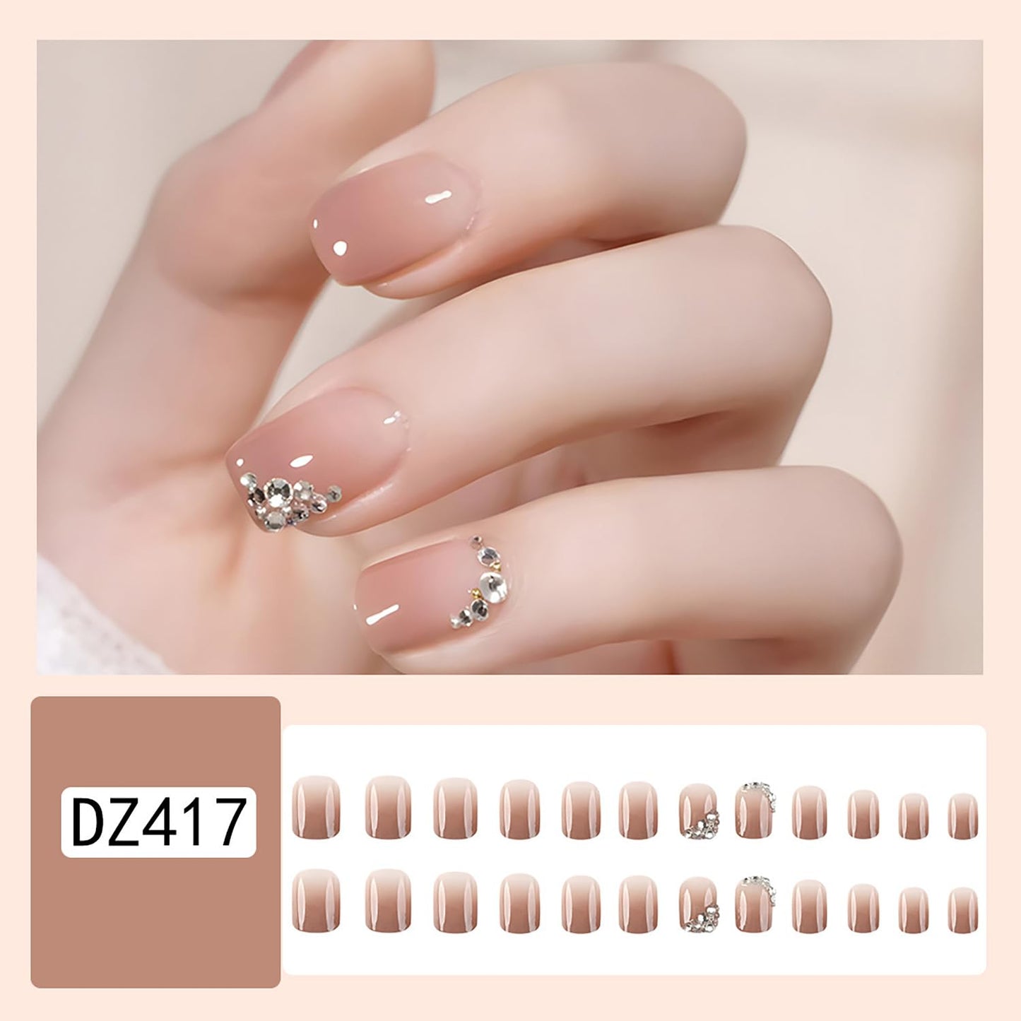 Vezocim Press on Nails Short Square-24Pcs Glossy Full Cover Acrylic Rhinestone False Nails with Gradient Designs Artificial Extra Short Square Fake Nails with Glue Stick on Fingernails for Women Girls