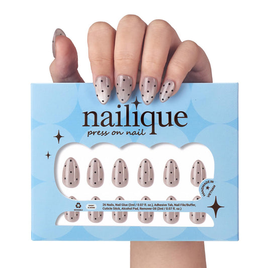 Nailique Press On Nails Short Almond – Handmade Smoky Cat Eye Soft Gel Black Polka Dot Sparkly, 26pcs Reusable Nail Tips with Glue & Remover, Salon Quality Bridal Wedding Manicure