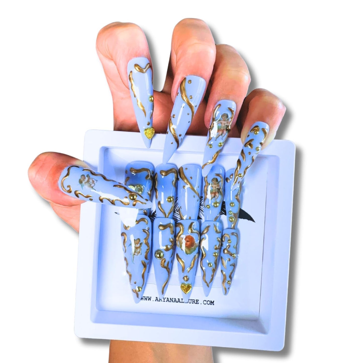 ARYANA NEW YORK 3D Press on Fake Nails Blue Angels Long Stiletto Press on Luxury Design for Women 10 PCS Acrylic Handmade, Blue Angels Collection- (Small)