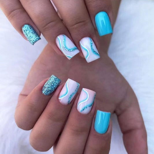 MISUD Press on Nails - Short Square Fake Nails with Summer Blue Swirl, Acrylic Bling Glitter Design 24 pcs