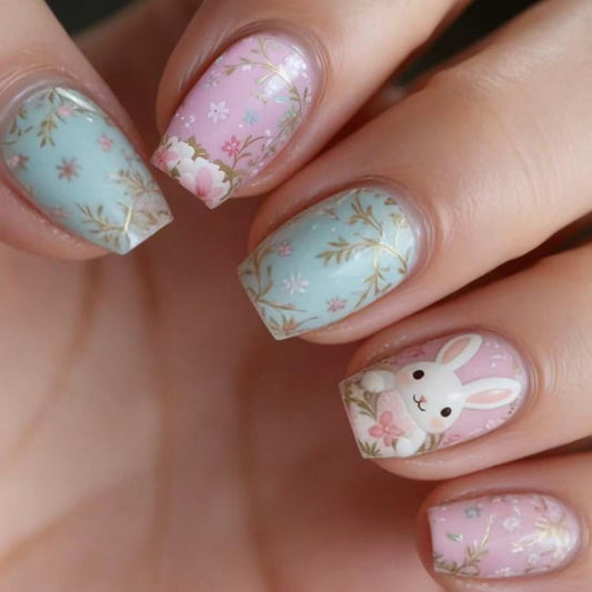 Easter Press on Nail Medium Length Square Fake Nails Pink Green Stick on Nail with Floral designs 3D Bunny Cute Glue on Nails Full Cover Acrylic False Nails for Women Party Manicure Decor24pcs