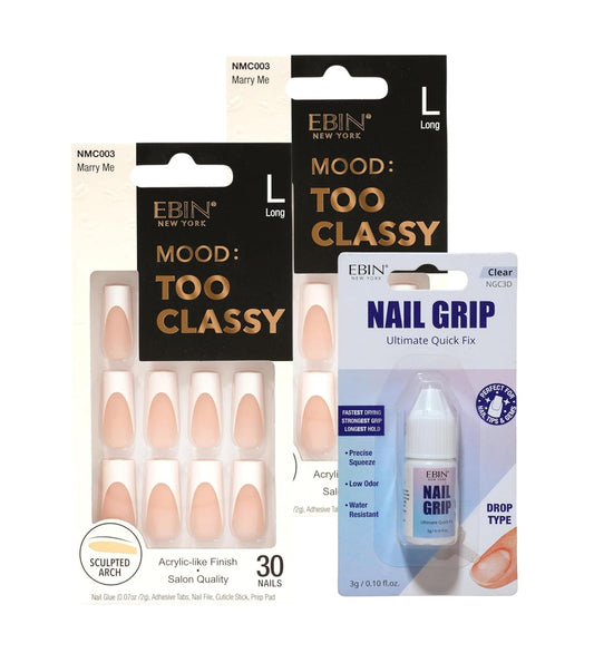 Press on Nails French Tip – 2x Mood Too Classy Marry Me Bundle with Nail Grip by EBIN NEW YORK – French Tip Press On Nails with Classic Manicure Style & Secure Hold for Lasting Wear Gift Set (3 Items)