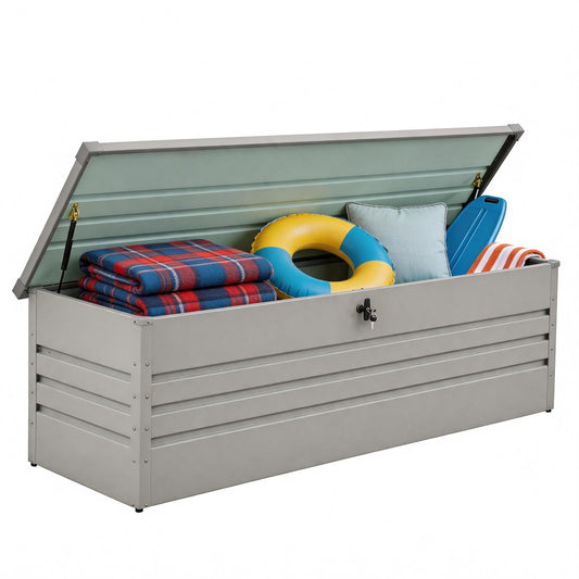 FammyLoft 260 Gallon Waterproof Outdoor Storage Box, Extra Large Outside Metal Deck Storage Box for Patio Cushions, Garden Tools, Pool Supplies, Light Gray