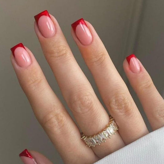 Modelones Extra Short Press on Nails, Red French Squoval Fake Nails, Reusable Nail Kit with Nail Glue Adhesive Tabs Mini Nail File, Nails Press Ons 32Pcs 16 Sizes