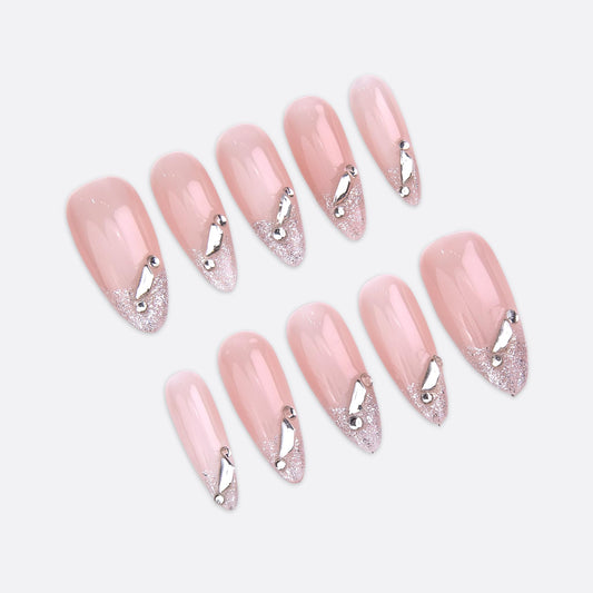 SIYOU Beauty | Luxy Peach Bloom | Pink Floral Luxury Long Almond Press On Nails for Women (Medium) - Reusable, Salon-Quality Fake Nails (10pc)