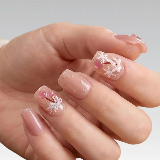 3D Bow & Cherry Press On Nails, Nude Pink Short Square Fake Nails with Snowflake Design, Glossy Cute On Nails for Women, 30PCS Set (The sizing runs small)
