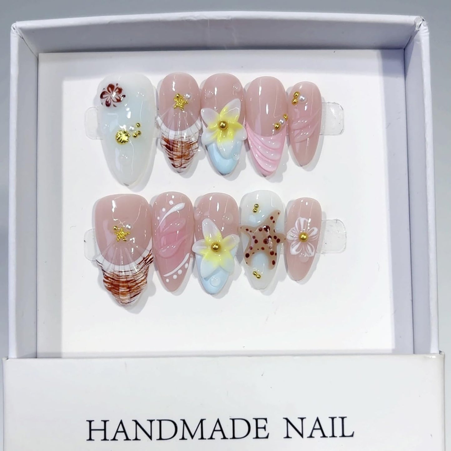 Spring Handmade Nails Almond French Press on Nails with Flower Starfish Design Gloss Fake Nail Full Cover Artificial Acrylic Stick on Nails for Women Girls Manicure DIY （S）