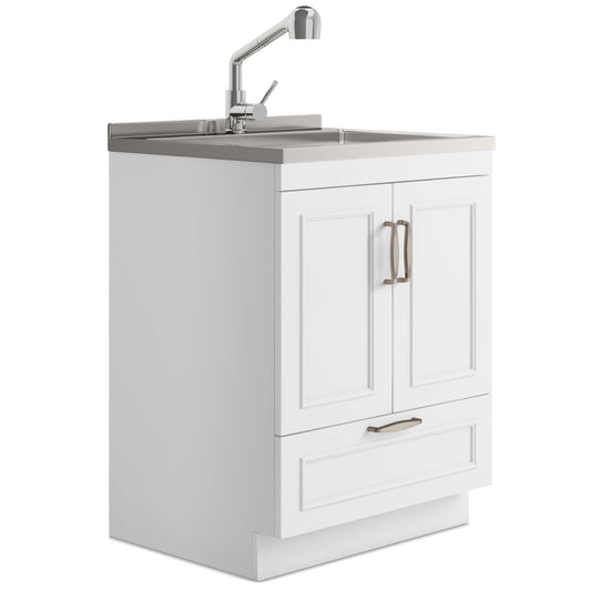 SIMPLIHOME Cardinal All-in-One 28 inch Wide Utility Sink and Laundry Cabinet in Pure White Finish, Transitional Stainless Steel Sink Cabinet for Laundry Rooms with Pull-Out Brushed Nickel Faucet