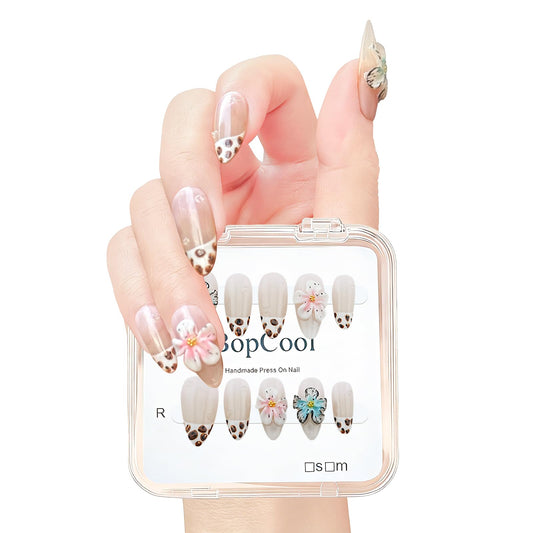 Handmade Press on Nails – Reusable False Nails with Leopard Print French Design, Gradient Tropical 3D Flower Art, Medium Almond Shaped Fake Nails (10PCS-M)