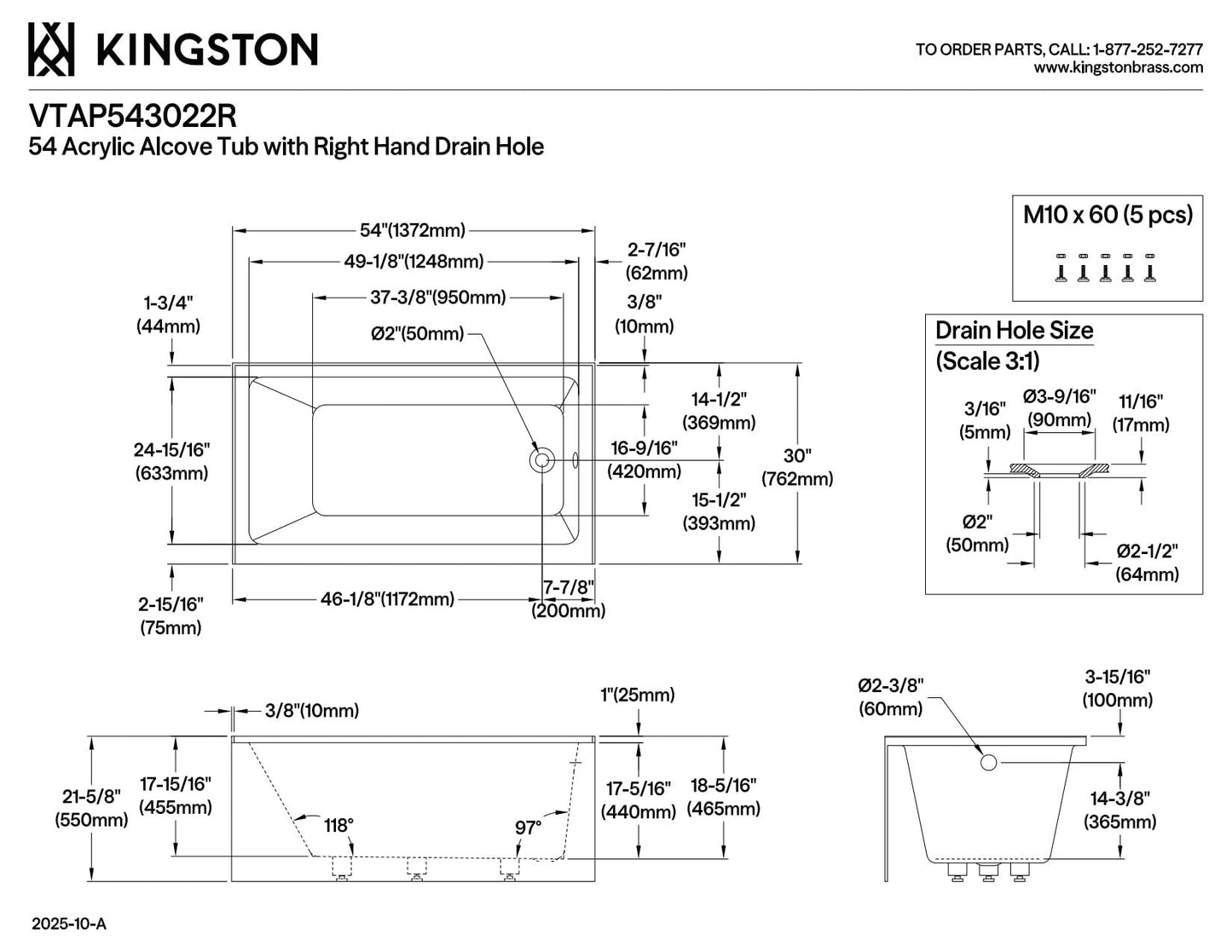 Kingston Brass VTAP543022R Aqua Eden Alcove Tub, White