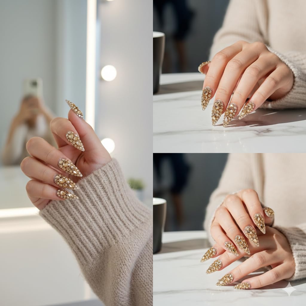 MNAFAYY Luxury Gems 100% Handmade Nails Gold Long Stiletto Press On Nails Full Cover 3D Rhinestone Crystal Gorgeous Reusable UV Finished Fake False Nails Acrylic Nail Kit With Box Gifts for Women M