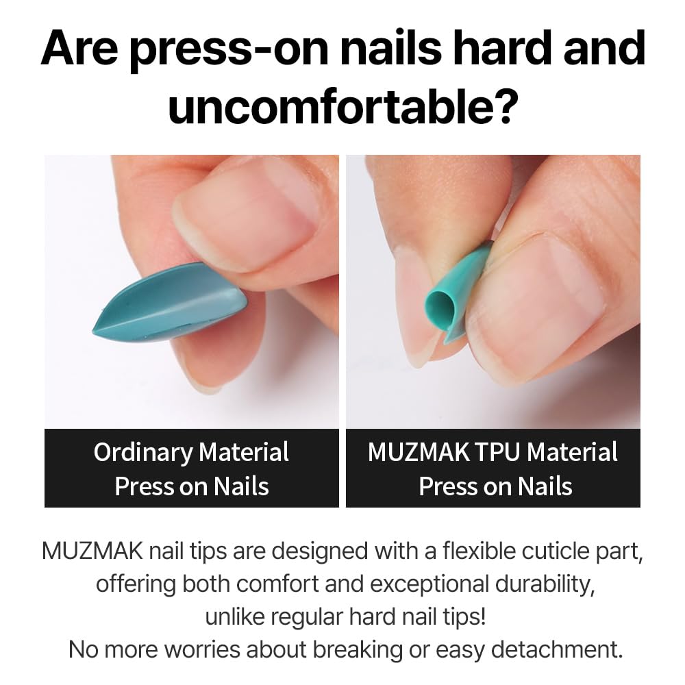 MUZMAK Reusable Press on Nails Long Medium Short Coffin Almond 36Pcs Red Fake Nails Kit Full Cover Pink French Black Feminine Design (Amber (Almond))
