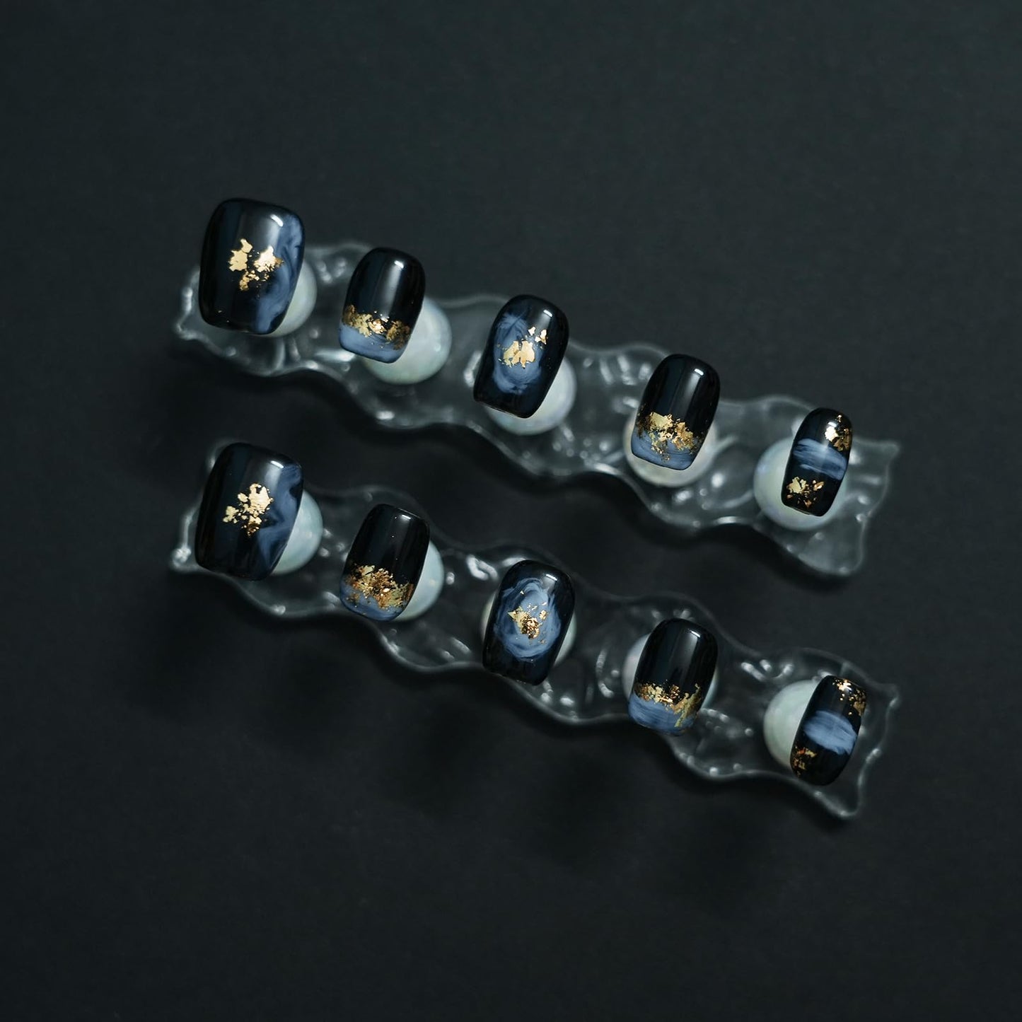 Tesytto Short Coffin Press on Nails - Handmade Black Fake Nails with Blue Ombre Glitter Gold Foil Design, High Gloss Acrylic Nails for Women, Party, Daily Wear (Playful Doodle,L)