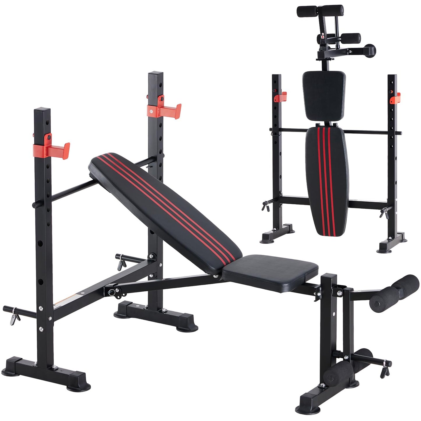 OLIXIS Adjustable Weight Bench Set with Rack, 650 LBS Capacity Heavy Duty Foldable Bench Press Set with Leg Extension Curl, Strength Training Workout Set for Garage, Home, Gym - Black & Red