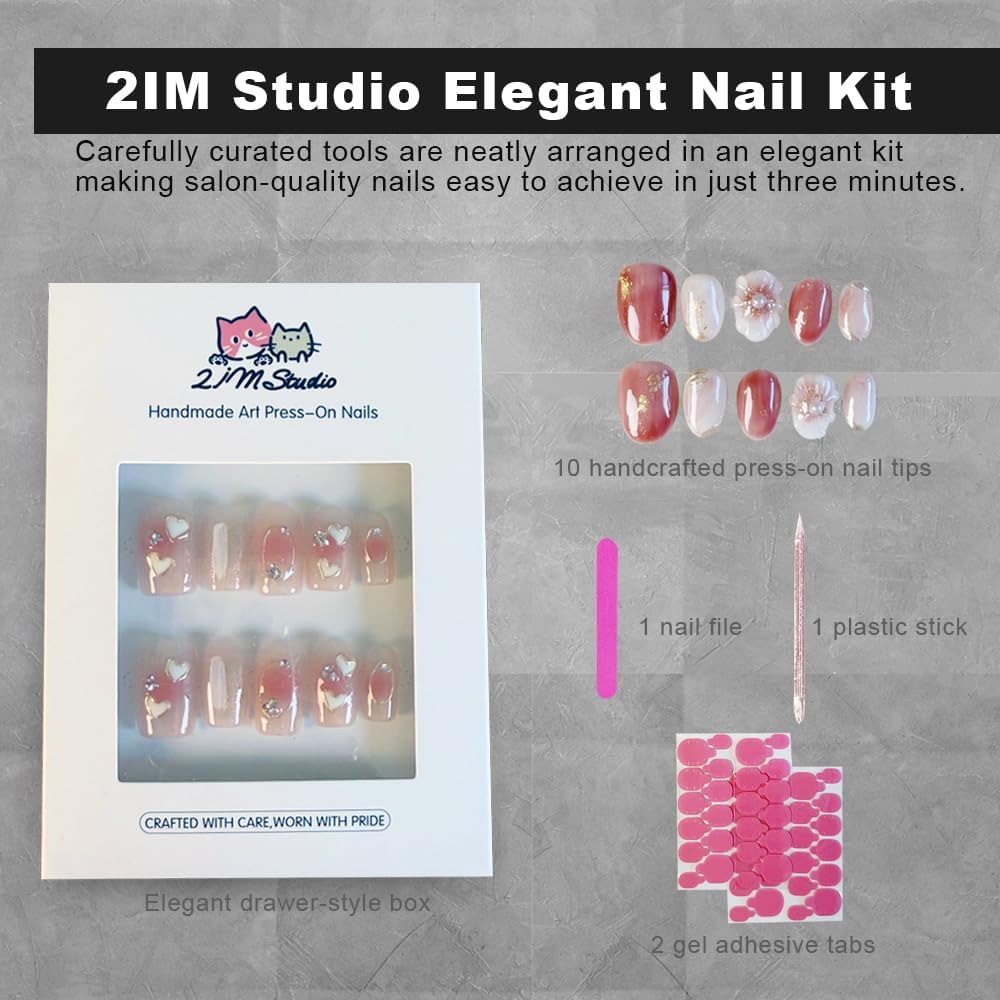 2IM Studio Handmade Press On Nails, Elegant Nude 3D Floral French Tip with Pearl Rhinestones, Almond Medium Length Full Cover Thick Reusable Acrylic Nail Kit for Women 10PCS (Classic Chic-S)