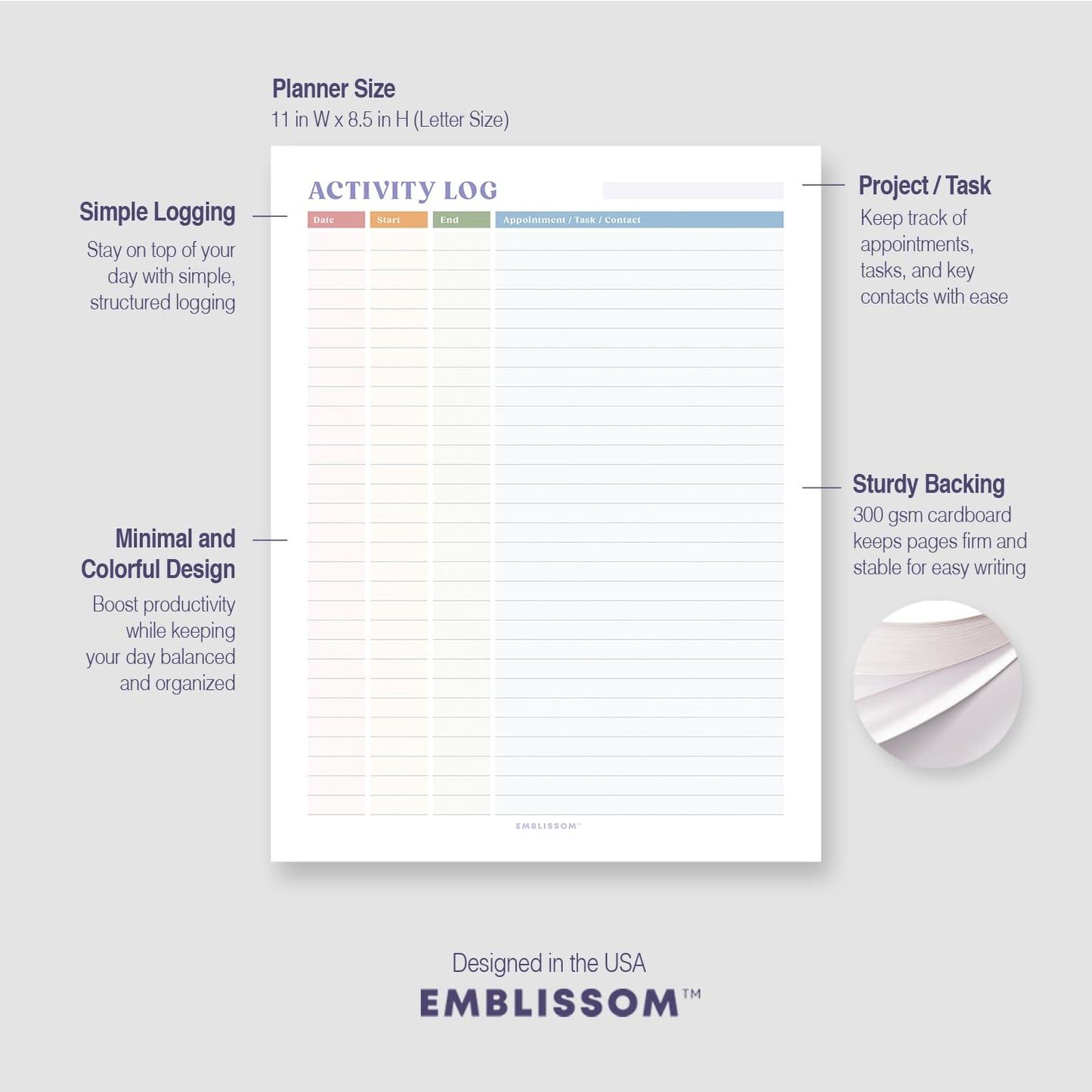 Activity Log Notepad 8.5 x 11 Tear-Off Pad – 70 Undated Sheets Office Project Productivity Planner Contact Action Appointment Task Time Hourly Tracker (White, Colorful, 1 Pack)