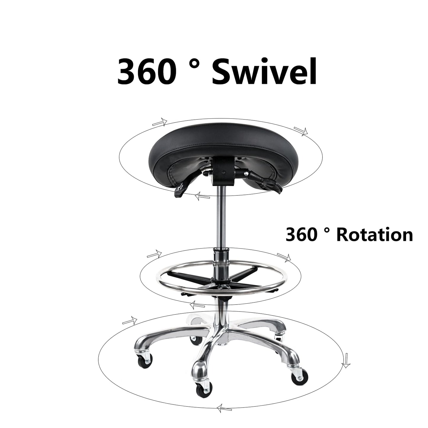 Cadiario Saddle Tilting Stool Rolling Chair with Thicker Seat Swivel Ergonomic Height Adjustable Footrest Wheels for Beauty Spa Salon Dental Medical Clinic Kitchen Home Office Shop Bar Black