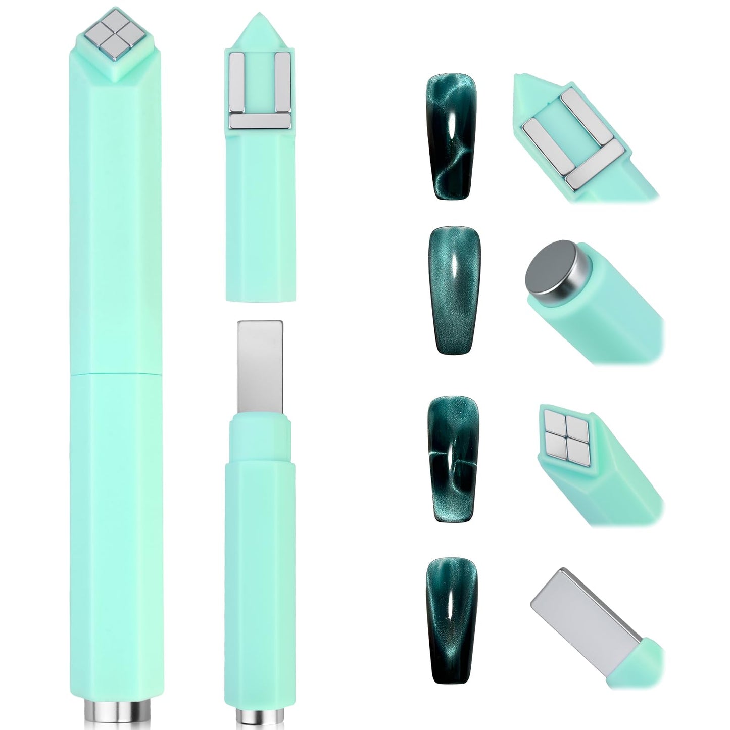 Plman 4 in 1 Cat Eye Nail Magnet, Multifunctional Cat Eye Gel Nail Polish Magnet, Beginner-friendly Cat Eye Magnet for Nail, Nail Magnet Tool for Nail Art DIY Home, Salon, Studio (4 in 1 Set-Green)