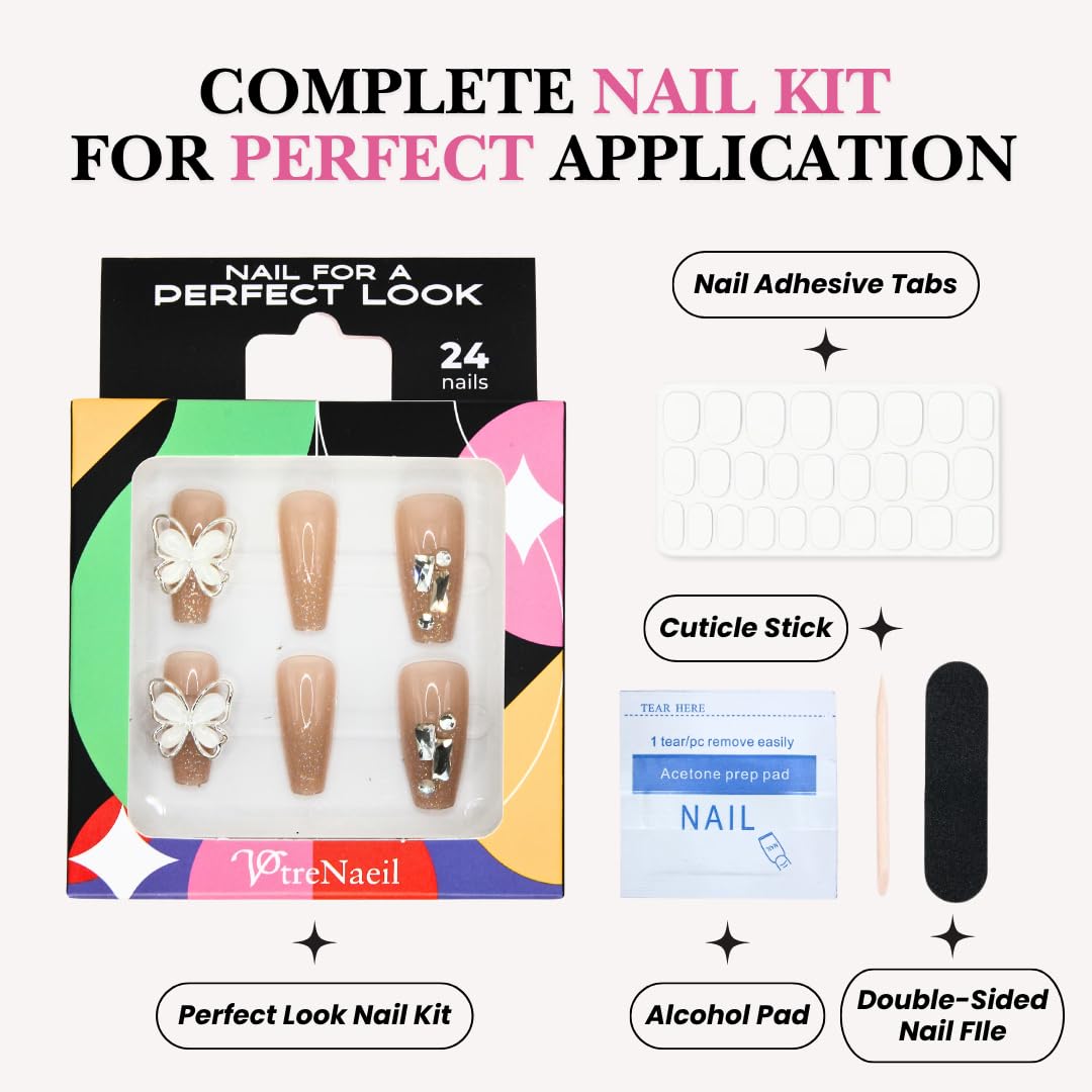 Votrenaeil Press On Nails - Moonlit Wings | No Glue Long Coffin Nude Glitter Nails with 3D Butterfly for Wedding - 24 Pcs Nail Kit with Adhesive Tabs