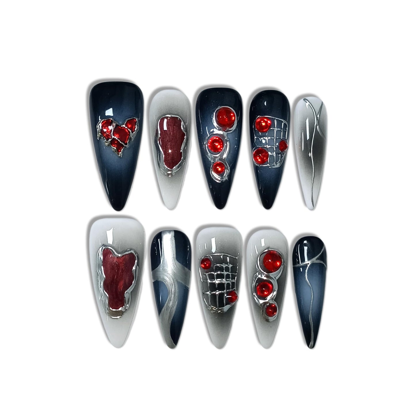 TENPAL Halloween Vampire Nails,Gothic Press On Nails Long Stiletto With Tools,Black Dark Ombre Fake Nails with Red Gems,10Pcs Hand-Painted Glossy Acrylic Glue on Nails for Women Parties Events(S)