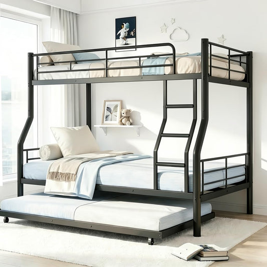 Mixcous Full XL Over Queen Bunk Bed with Trundle, Heavy-Duty Metal Bunk Bed w/Full-Length Guardrail & EVA Padded Ladder, Convertible to 3 Separate Beds for Adults, Teens, Noise-Free, Black