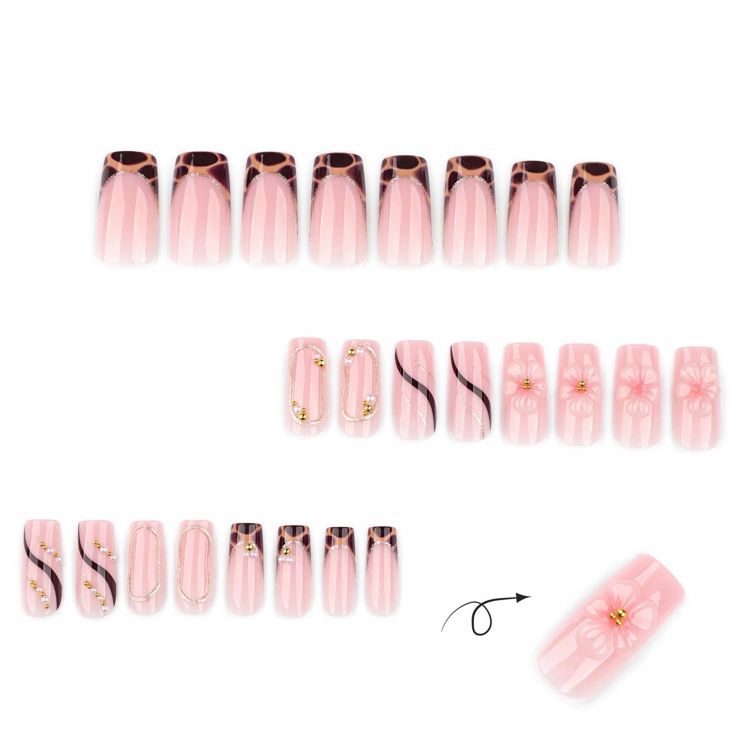 CTTHNBD Press on Nails Square - Medium Fake Nails with Flower Design - Leopard Print French Tip False Nails - for Women 24 Pcs