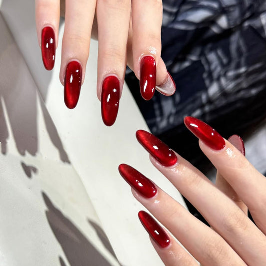 XZMeiLun Cat Eye Ruby Red Press On Nails Almond Medium, Magnetic Acrylic Fake Nails Stylish Design, Salon-Quality Shiny Finish, Reusable Stick On Nails Kit for Women, Daily Wear (No Glue Included)