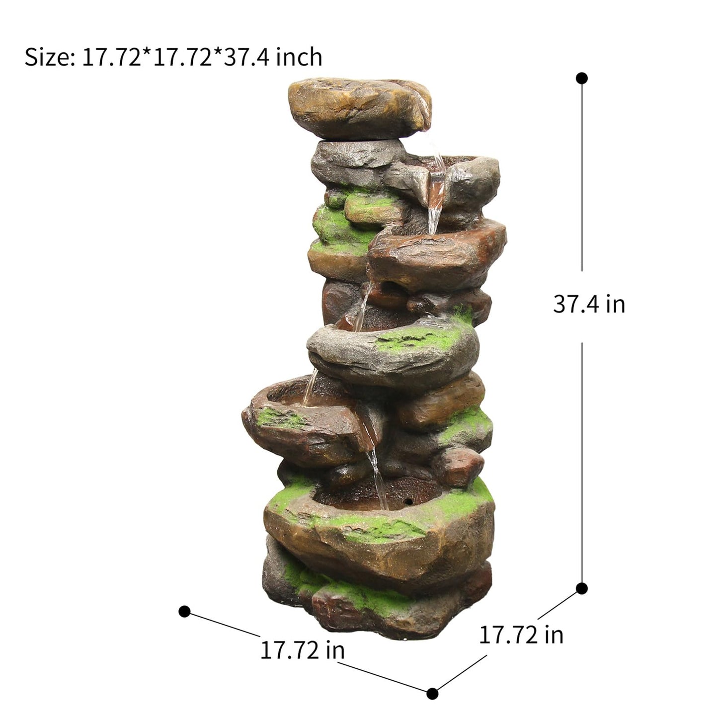 YZM 6-Tiered Outdoor Floor Rock Water Fountain Cascading Waterfall Fountains Indoor Led Lights for Home Garden Patio with Natural Stone Look 37.4" H